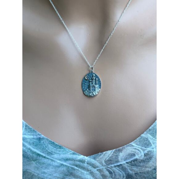 Sterling Silver Castle Charm with Bronze Moon Necklace - Picture 2 of 5